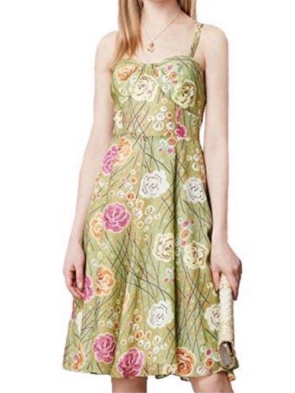 Girls from savoy Anthropologie green floral silk Rose Bramble women’s dress 6